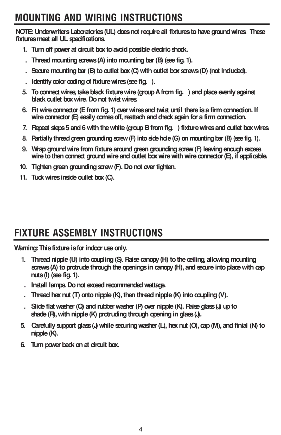 Westinghouse W-367 owner manual Mounting And Wiring Instructions, Fixture Assembly Instructions 